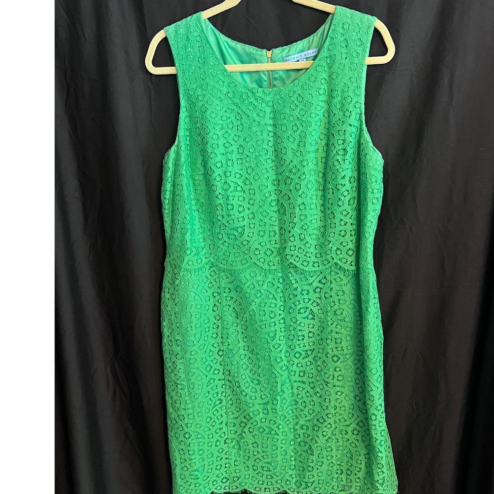 Antonio Melani sleeveless knee length green‎ lace sheath dress gold zip Size 14